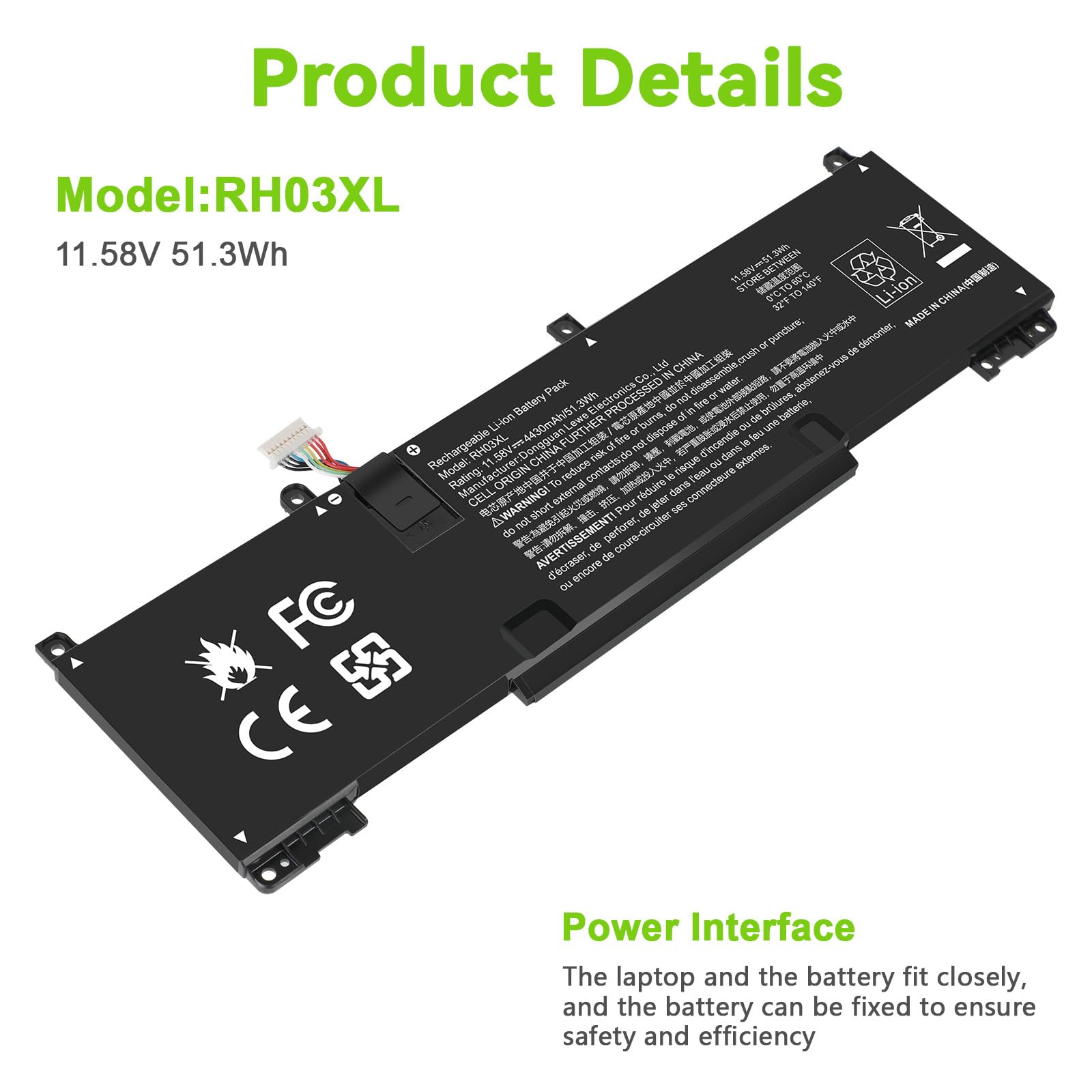 Amazon.com: 11.58V 51.3Wh RH03XL Laptop Battery Replacement for HP